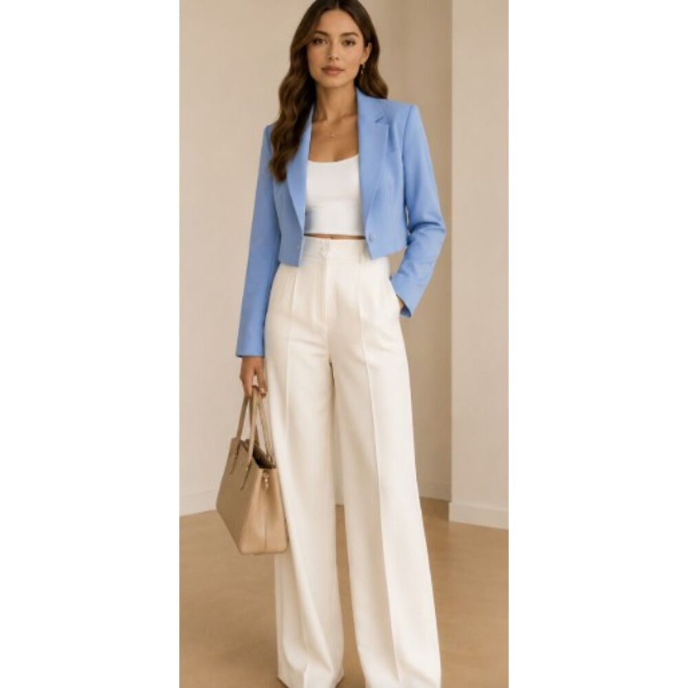 Gianni Bini Chambray Blue Cropped Blazer Button Long Sleeve Solid Size 12